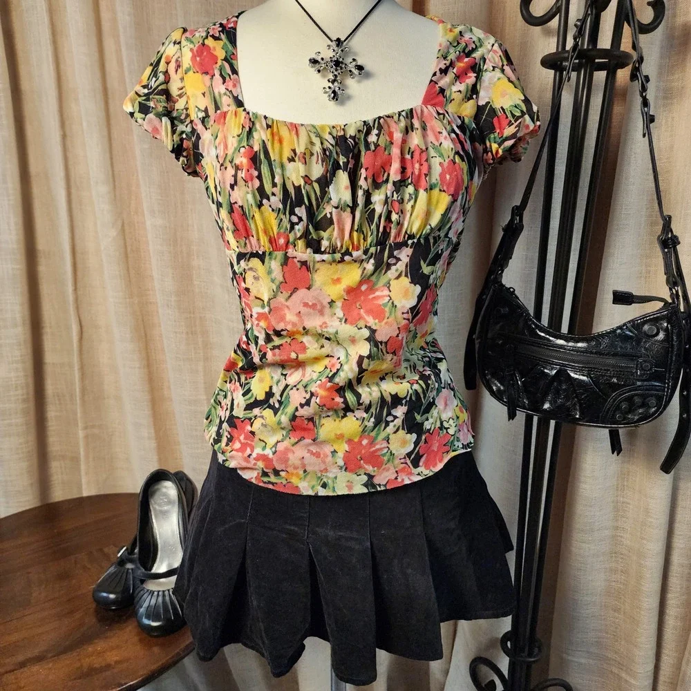 Y2K Ann Taylor LOFT Petites Floral Square Neck Top LP Empire Waist